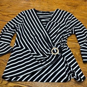 Jones New York black/white stripe top.  Wrap front, gold buckle.  Size Large.